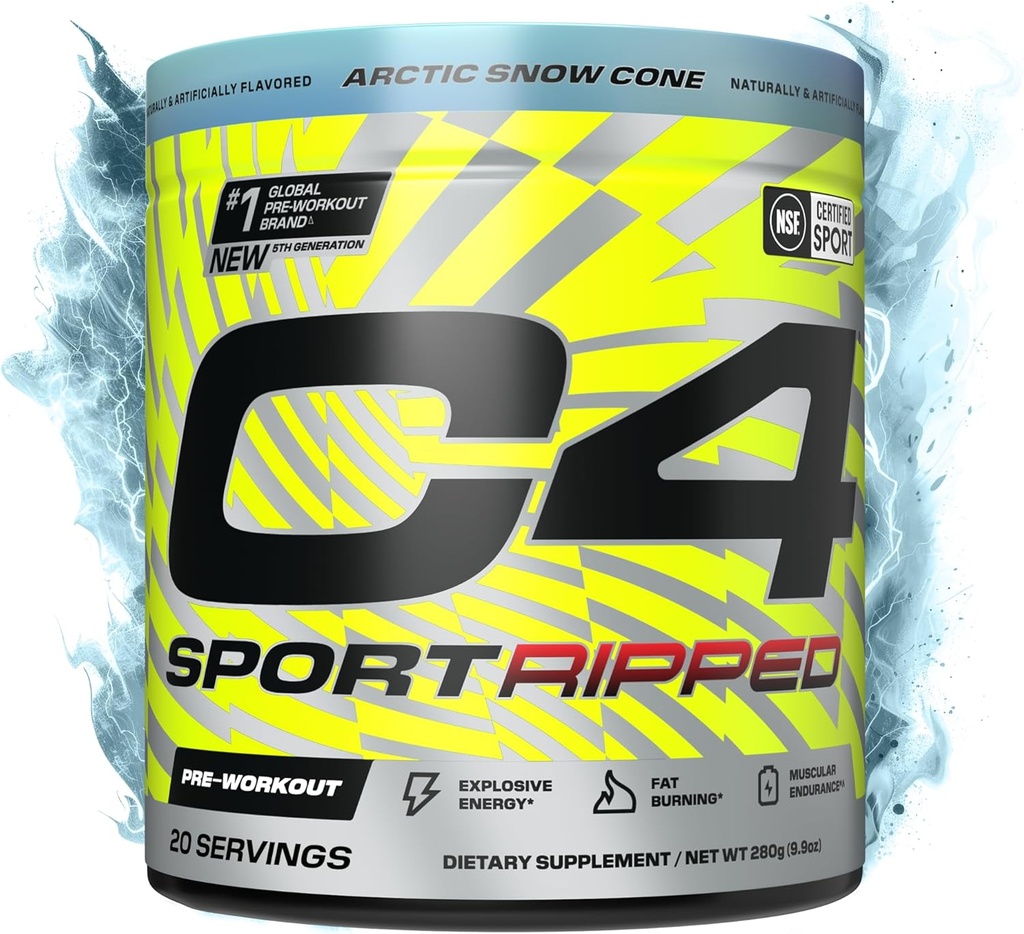 Cellucor C4 Ripped Sport Pre Workout Powder - NSF Certified for Sport - 200mg Caféine + Cayenne Extrait + Carnitine Tartrate + Beta-Alanine - Artic Snow Cone, 20 portions