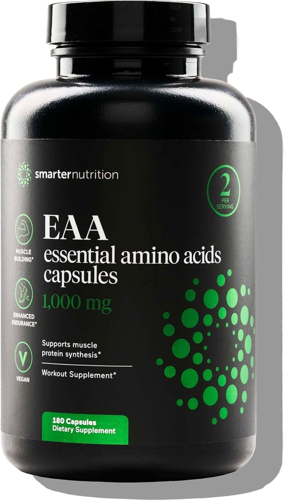 SMARTERNUTRITION Capsules d'acides aminés essentiels (AEA) - 1 gramme par portion des 9 AEA - Supporte la masse musculaire et l'exercice - Non-OGM, végétalien, sans gluten - 180 Nombre[90 jours]