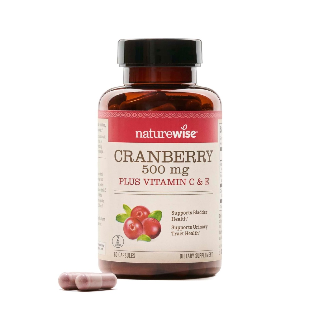 Pilules de canneberge NatureWise pour femmes - Extrait équivalent à 12 500mg* Supplément de canneberge + Vitamine C et E - Nettoyer le trac et la vésicule urinaire - Vegan, non-OGM, sans sucre - 60 capsules[1-Mois]