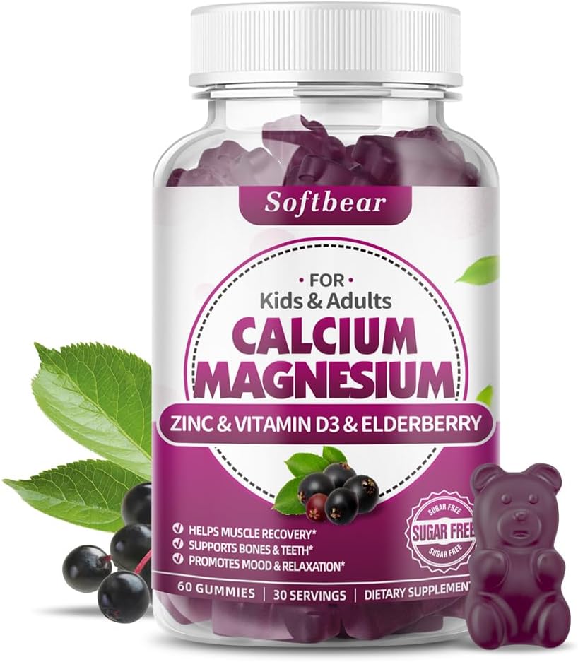 softbear Gommies de magnésium de calcium pour les femmes, supplément de magnésium de calcium à haute absorption pour la force osseuse, sans sucre, végétalien, saveur de mûrier 60 Gommies