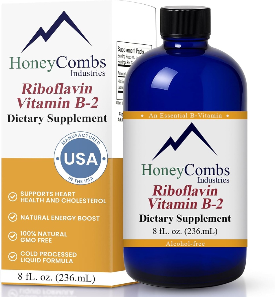 HoneyCombs Vitamine B2 Supplément de Riboflavine gouttes liquides - Vitamine B2 de haute puissance pour les hommes et les femmes - Maintenir une digestion saine, système nerveux, cheveux, peau, ongles - Vitamines liquides véganes (8 Fl oz)