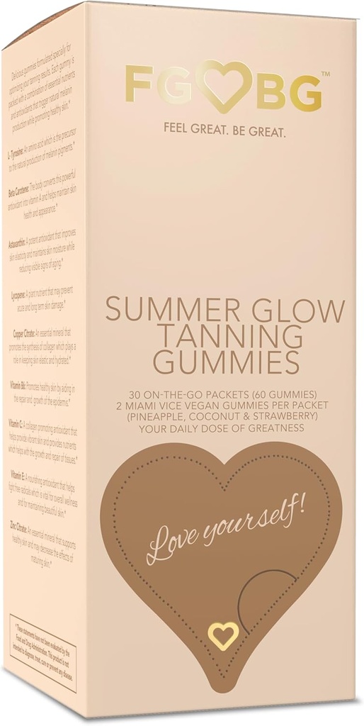 Gummies de bronzage d'été Glow - Miami Vice Flavor - Ananas, noix de coco et fraise - Vegan - Sans gluten - Sans lait - Ingrédients naturels - Nutriments essentiels - Taille du voyage - 30 jours