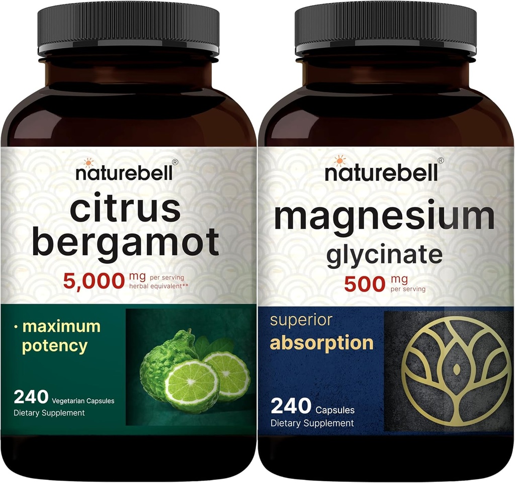 NatureBell Glycinate de Magnésium Capsules 500mg & Citrus Bergamot Capsules Véggie 5 000 mg Équivalent Pack de Bundle