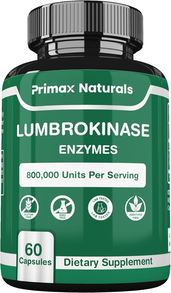 Lumbrokinase Supplement - Lumbrokinase 40 mg per Serving (Max Activity - 800,000 units) Lumbrokinase Enzymes supplement (Similar to Nattokinase) Non GMO, Soy Free, Gluten Free (60 Capsules)