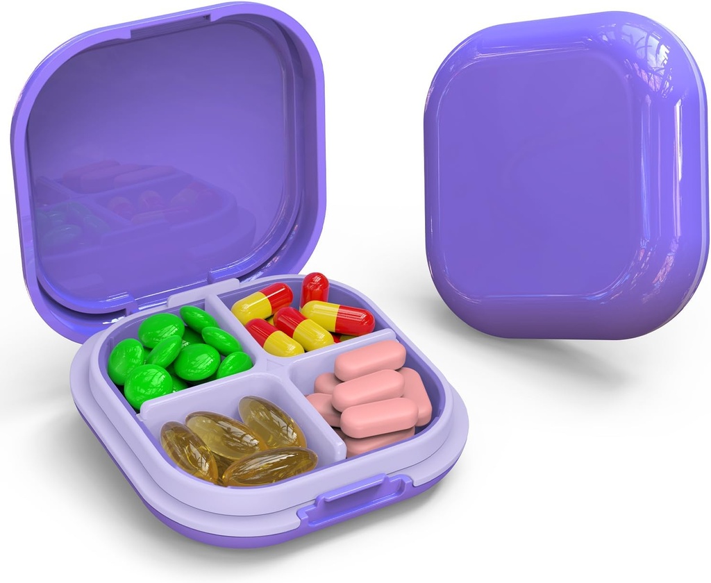 Daily Pill Organizer 4 Compartiments, Petite Pill Box Portable Travel Pill Case, Mini Pill Container pour Purse Pocket, Compact Travel Medicine Organizer pour la vitamine, l'huile de foie de morue, Supplément (Purple)