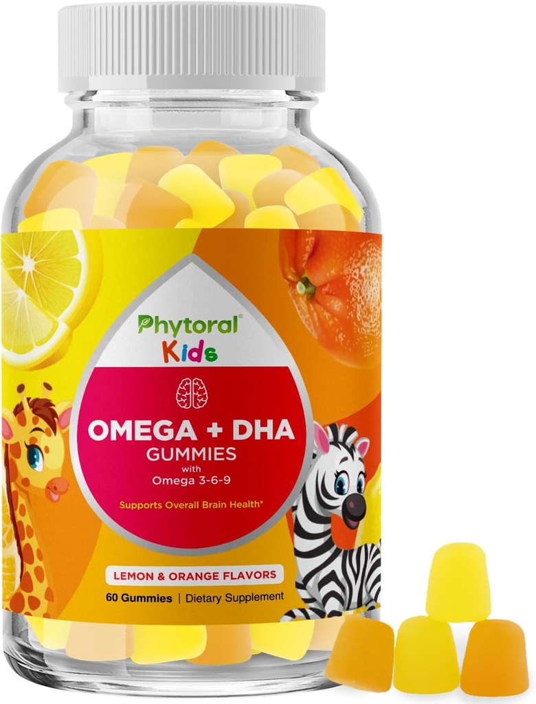Enfants Omega DHA Gummies - Acides gras Omega 3 6 9 avec vitamine C pour le cerveau, l'immunité et la vision - DHA nutritionnel pour les enfants pour le système nerveux sain et le soutien de la cible - sans poisson et végétalien - 60 Chews