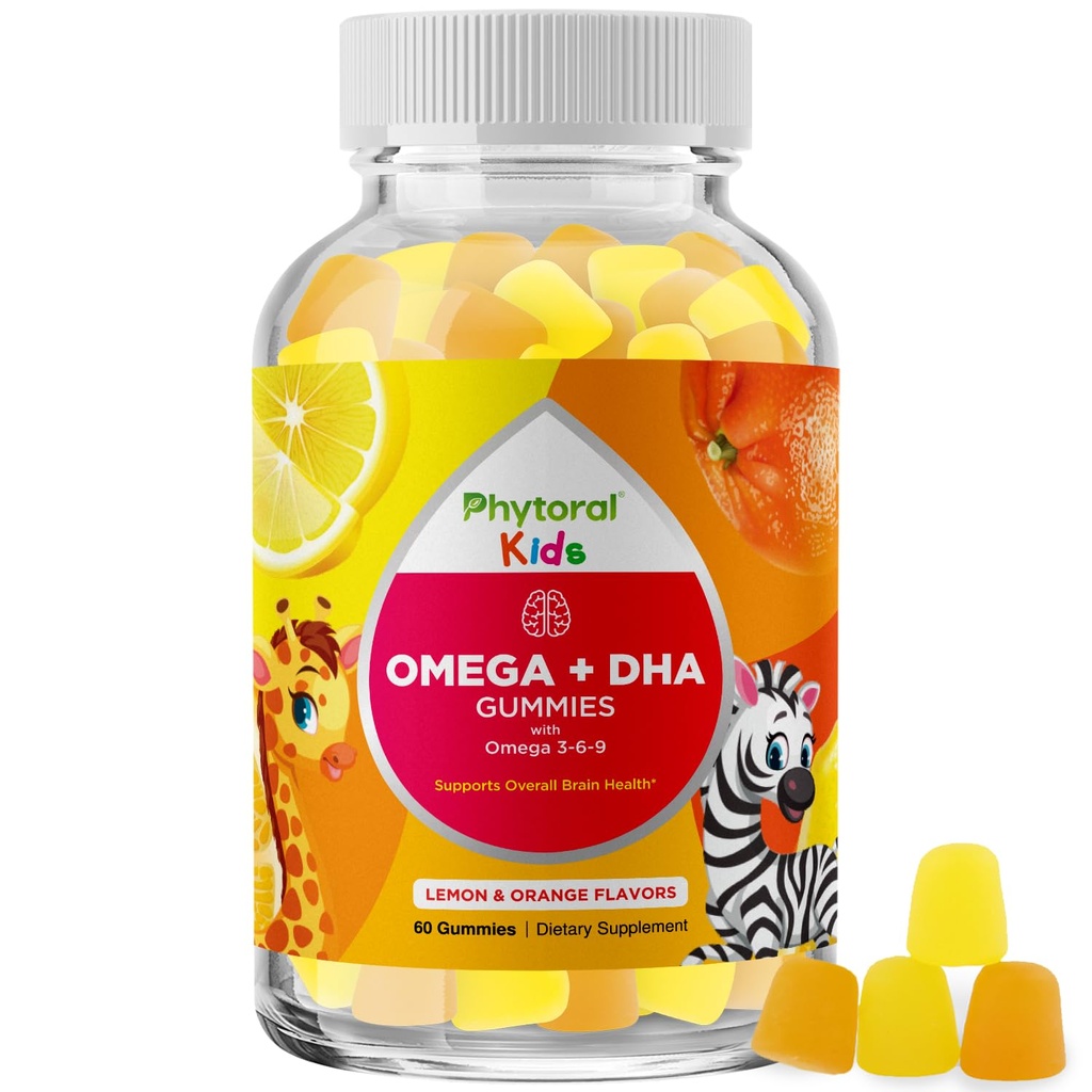 Enfants Omega et Gummées DHA - Acides gras Omega 3 6 9 avec vitamine C pour la vision - DHA nutritionnel pour les enfants pour un système nerveux sain et un soutien ciblé - Sans poisson - 60 Compte