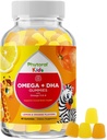 Enfants Omega DHA Gummies - Acides gras Omega 3 6 9 avec vitamine C pour le cerveau, l'immunité et la vision - DHA nutritionnel pour les enfants pour le système nerveux sain et le soutien de la cible - sans poisson et végétalien - 60 Chews