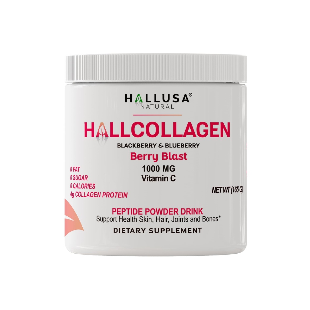 Hallusa Natural Hydrolyzed Collagen Peptides Poudre 1000mg avec vitamine C. BlackBerry & Blueberry Flavor.