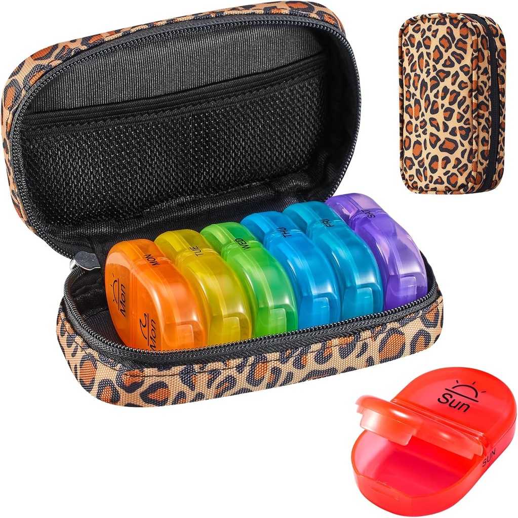 Serfeymi Weekly Travel Pill Organizer 2 fois par jour AM PM Upgraded Rainbow Pill Box 7 Day with Portable Zipper Toile Pill Case, organisateur de médicaments pour les pilules, vitamines, huiles de poisson - Brown 01