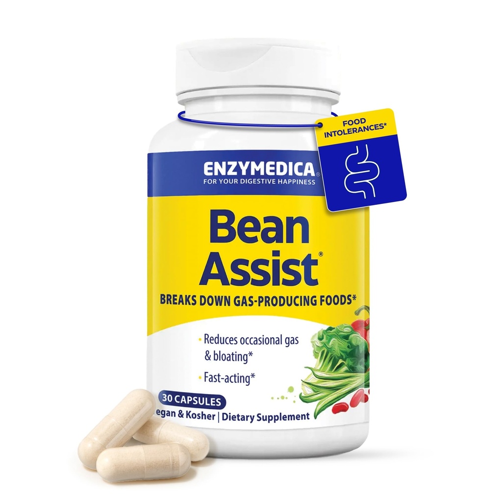 Enzymedica, HaricotAssiste, Alpha Galactosidase Enzyme pour le soutien digestif, réduit le gaz occasionnel et le gonflement des haricots, des brocolis et des légumineuses, enzymes digestives pour les femmes et les hommes, 30 comtes