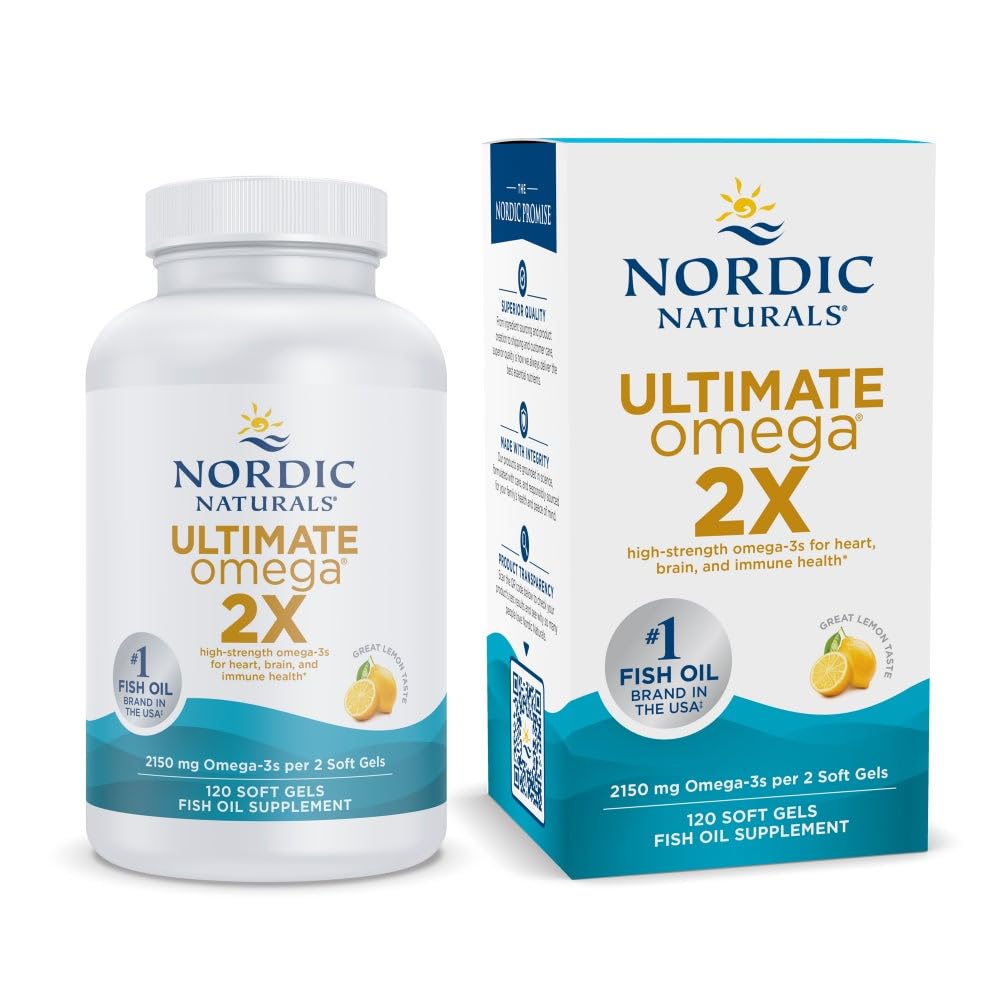 Nordic Naturals Ultimate Omega 2X, Saveur de citron - 120 gels mous - 2150 mg Omega-3 - Huile de poisson de haute puissance avec EPA et DHA - Promotion de la santé cérébrale et cardiaque - Non-OGM - 60 portions