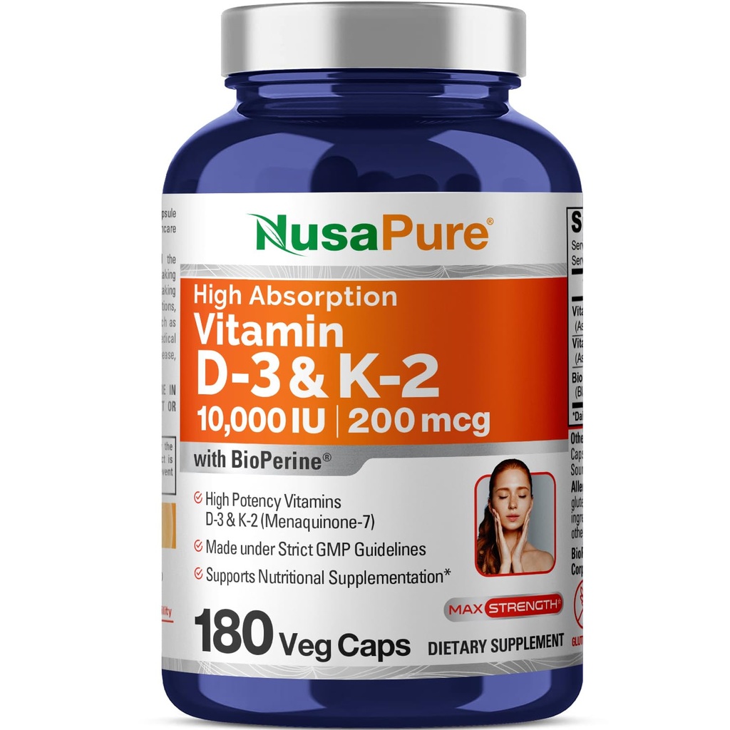 NusaPure Vitamine K2 (MK7) (200mcg) + Vitamine D3 (10000 UI) 180 capsules de légumes - Biopérine, sans soja, non-OGM