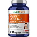 NusaPure Vitamine K2 (MK7) (200mcg) + Vitamine D3 (10000 UI) 180 capsules de légumes - Biopérine, sans soja, non-OGM