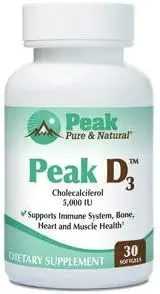Peak Pure & Natural Peak D3 - Calciferol Vitamine D3 5 000 UI - Soutien immunitaire - Soutien de la santé cardiaque - Boost Energy - Vitamine quotidienne pour les adultes
