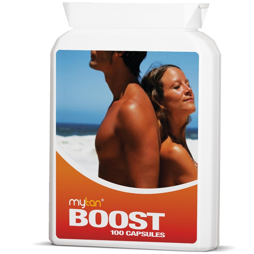 Boost Tan Pills: 100 Capsules: Sun Tan Accelerator: Supplément de bronzage naturel: Tyrosine, Cuivre Multivitamine: 25 jours d'approvisionnement prolongé