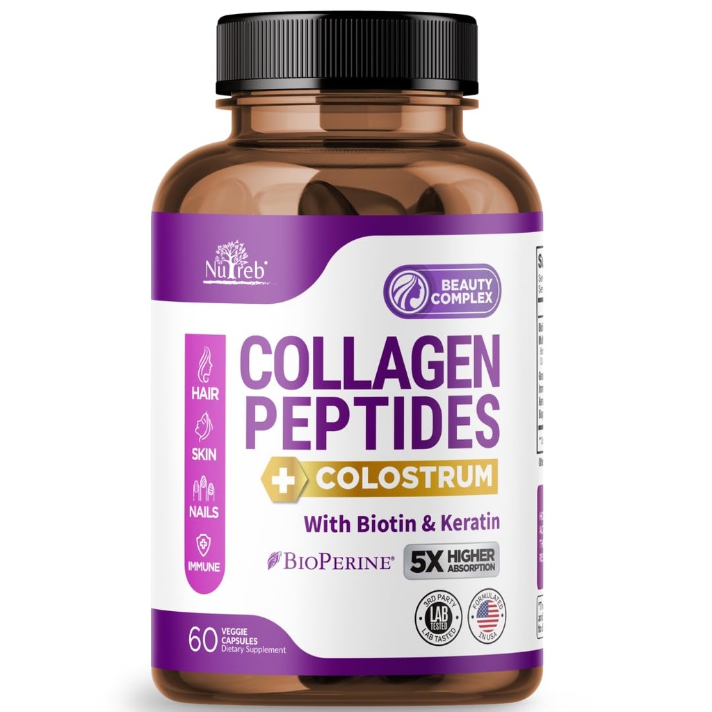 Peptides de collagène pour les femmes atteintes de colostrum, de biotine et de kératine - Type I, II, III, V, X - 5X Absorption supérieure - Vitamines de la peau et des ongles des cheveux - Collagène pour les femmes - Pinces de collagène - 60 Capsules