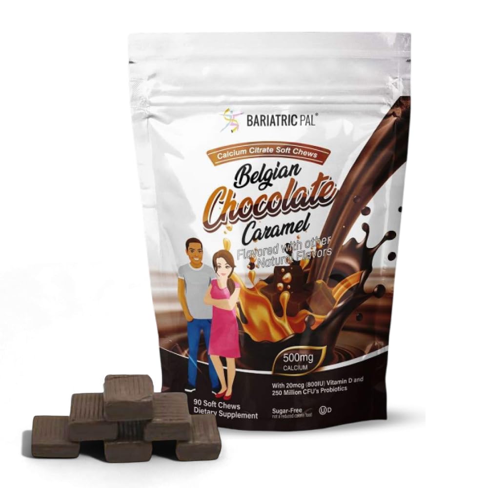 BariatricPal Calcium sans sucre Citrate doux Chews de 500mg avec vitamine D et probiotiques de chocolat belge Caramel de 90 Nombre (1 mois d'approvisionnement)