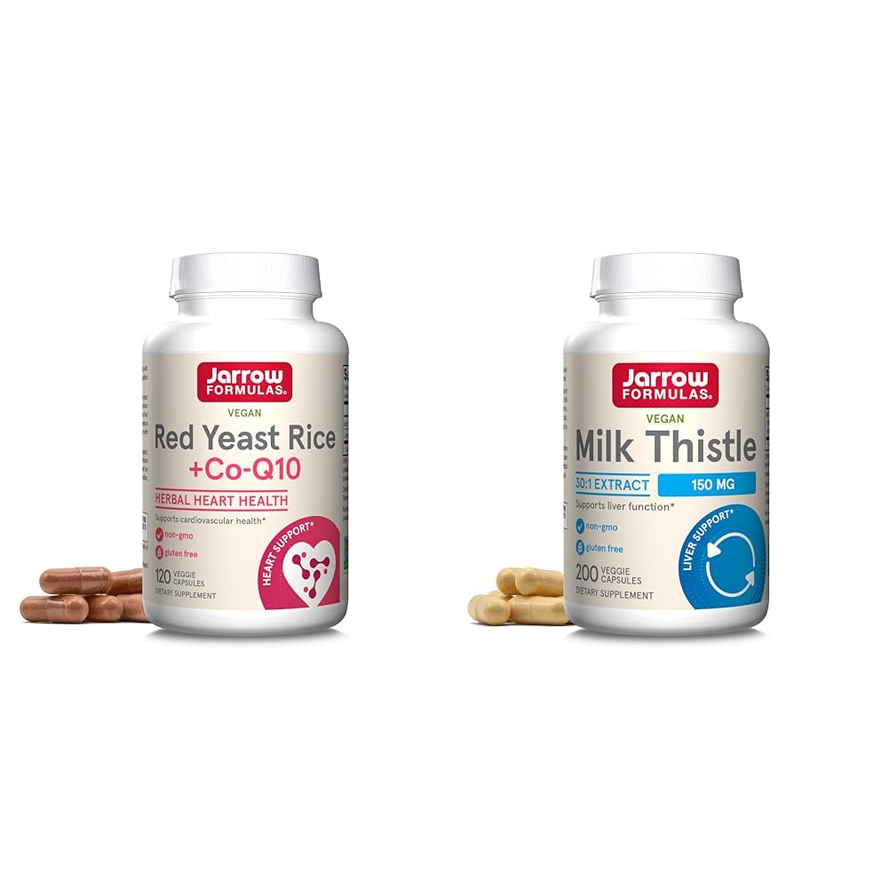 Formules de Jarrow Riz de levure rouge 1200 mg et Co-Q10 100 mg par portion-120 Veggie Caps-60 portions et santé cardiaque-Vegan et chardon de lait 150 mg avec 30:1 extrait normalisé de silymarin