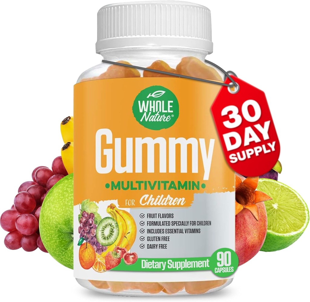 Enfants Gummy Multivitamine - Essentiels quotidiens complets Enfants Vitamines et minéraux pour le bien-être général, 90 Gummies. Saveur de fruits, sans sucre artificiel, sans lait et sans gluten