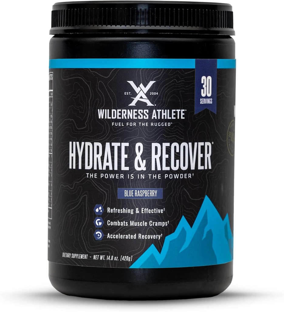 Wilderness Athlete - Hydrate & Recover | Liquid Hydration Powder Electrolyte Drink Mix - Recover Faster with Bcaas - Hydrate Powder with 1000mg of Vitamin C - 30 Serving Tub (Blue Raspberry)
