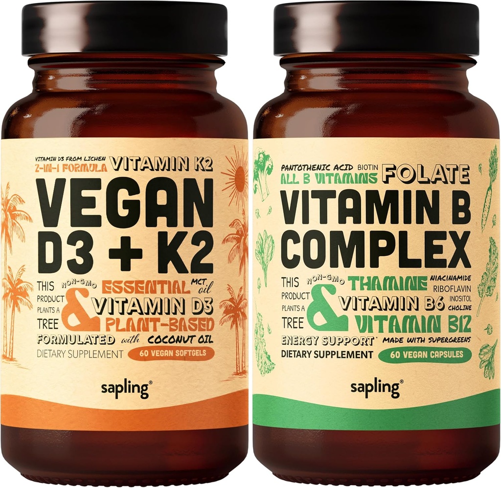 semis Vitamine végétale D3 + K2 & Vitamine B - 4 000 UI Vitamine D3 et 100 mcg Vitamine K2 comme Mk7, Vitamines essentielles B avec mélange d'aliments entiers, B1, B2, B3, B5, B6, B7, Folate