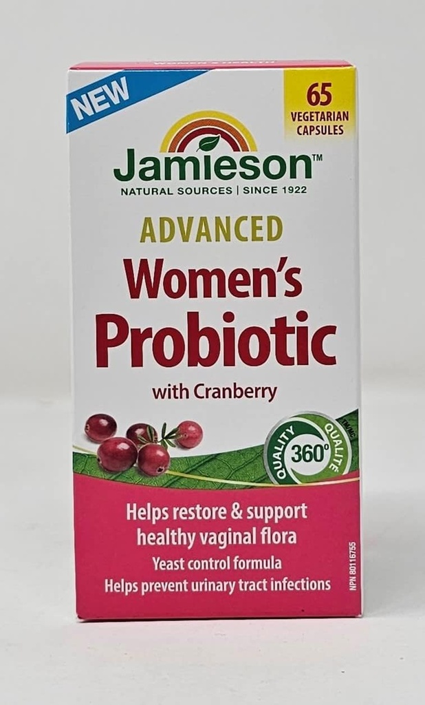 Jamieson Probiotique femme avancé avec canneberge, aide à soutenir et restaurer la flore vaginale saine - 65 capsules végétariennes