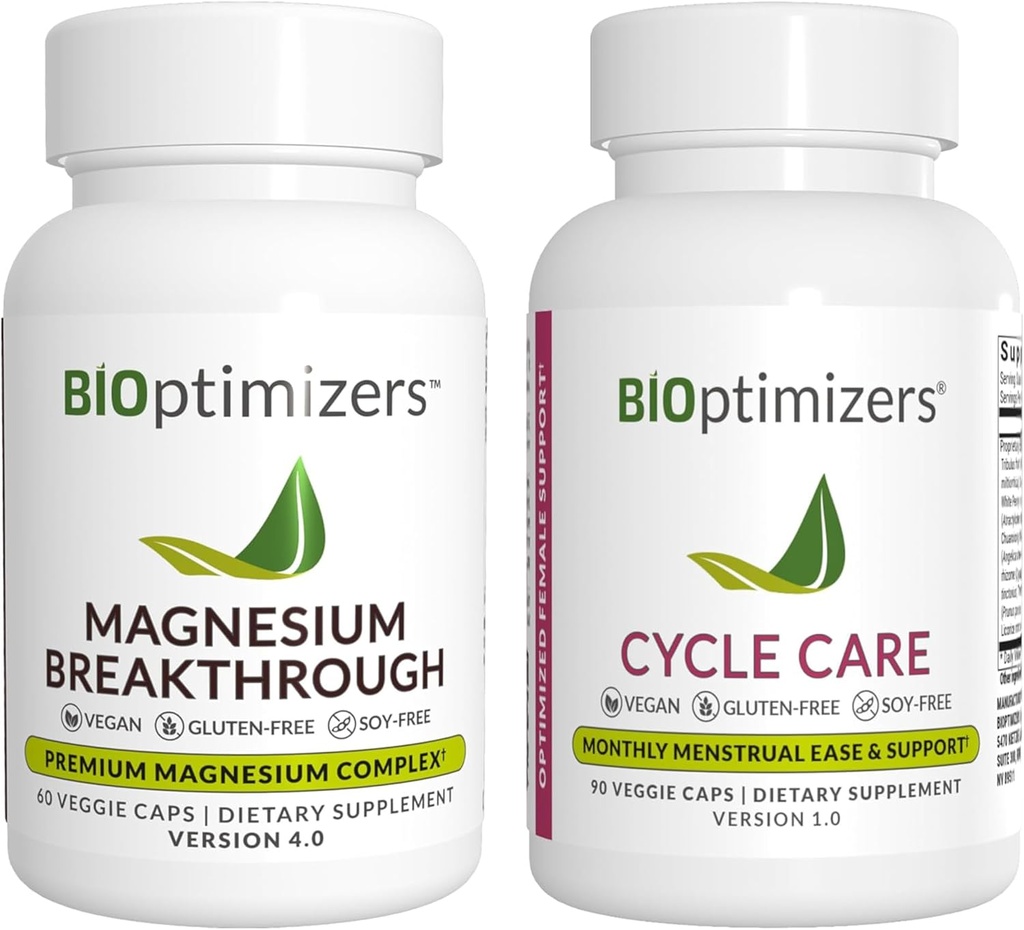 BiOptimizers Magnésium Breakthrough 4.0, (60 Capsules) et soins de cycle, (90 Capsules) - Supplément de soutien au sommeil naturel, au cerveau et au soulagement menstruel