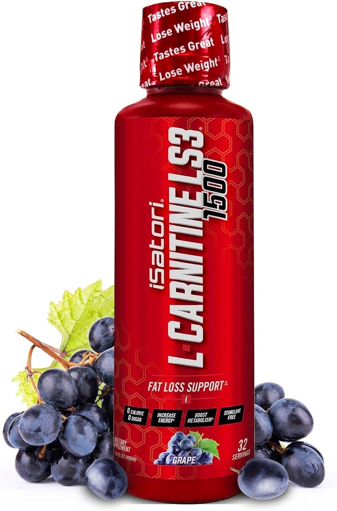 iSatori L-Carnitine LS3 1500, supplément de carnitine liquide L triple-blend, avec acétyle et tartrate, énergie libre stimulante, faibles calories, sucre ou gluten, céto-friendly, arômes de raisin (32 portions)