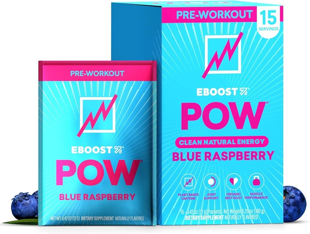 EBOOST POW poudre naturelle de pré-entraînement - 15 paquets, framboise bleue - pré-entraînement Energy Booster Gym supplément boisson mélange pour les hommes et les femmes - Performance, support de mobilité conjointe - sans gluten