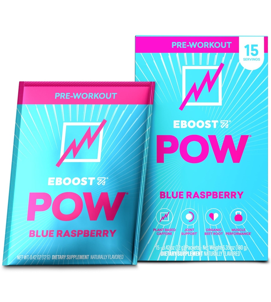 EBOOST POW poudre naturelle de pré-entraînement - 15 paquets, framboise bleue - pré-entraînement Energy Booster Gym supplément boisson mélange pour les hommes et les femmes - Performance, support de mobilité conjointe - sans gluten