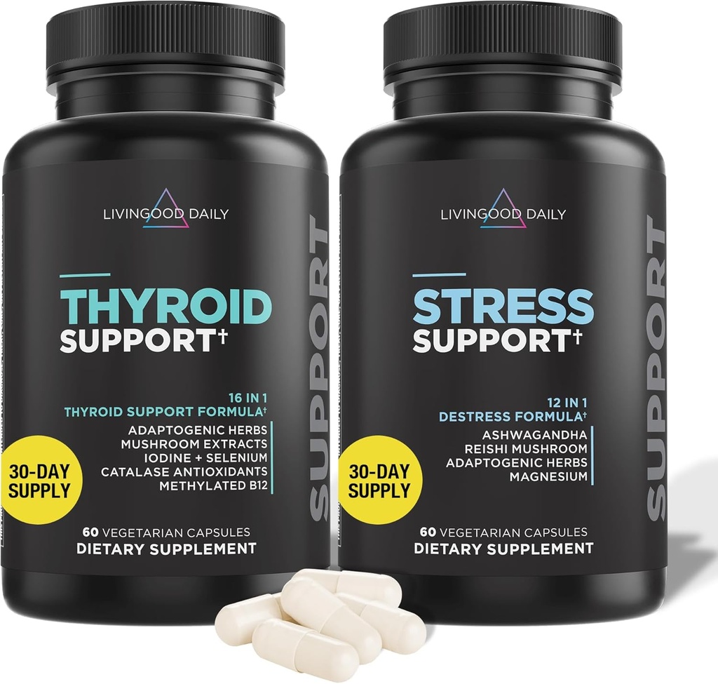 Livingood Daily Thyroid Support Bundle - Complete Thyroid Supplement Plus Adrenal and Cortisol Support