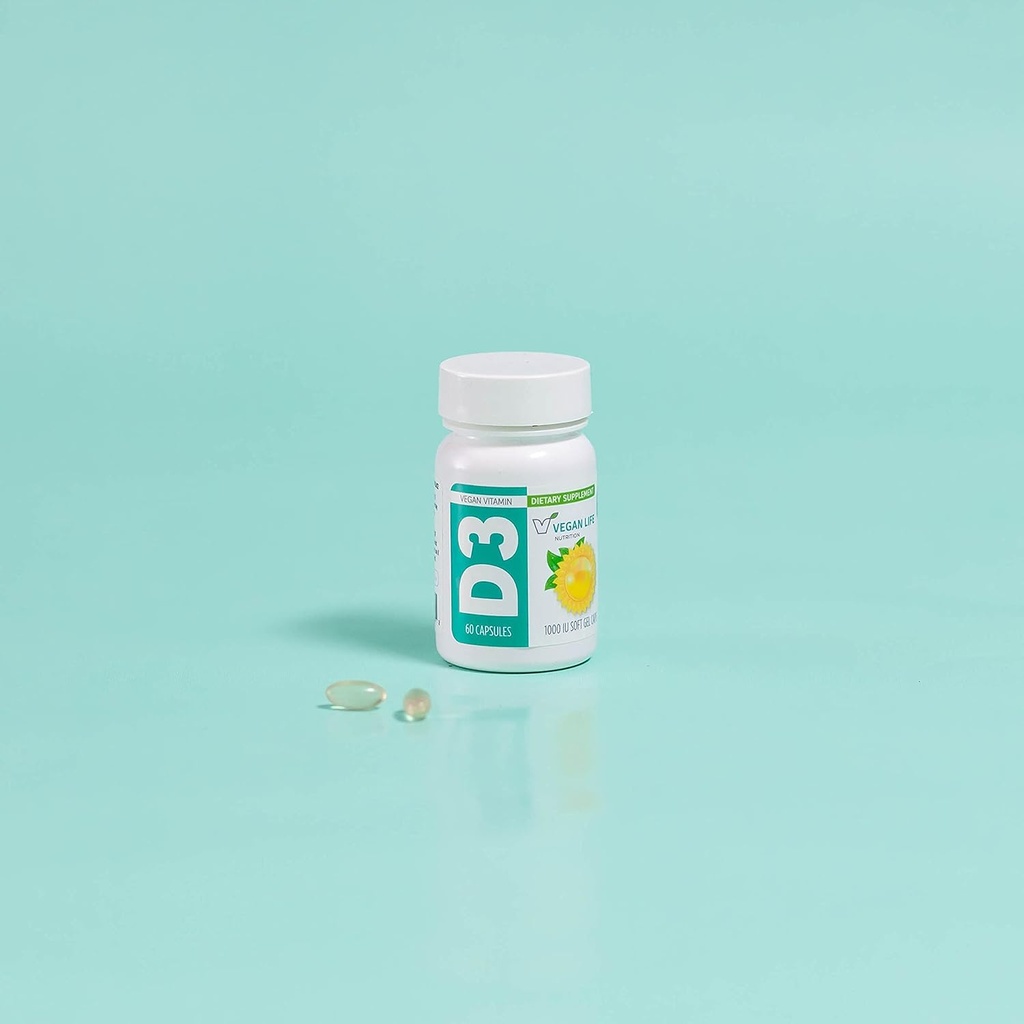 Vegan Life Nutrition - Vitamine D3 Capsules quotidiennes pour adultes (1000 UI) - Sans gluten, sans OGM, soutient la santé osseuse et le système immunitaire - 60 Capsules