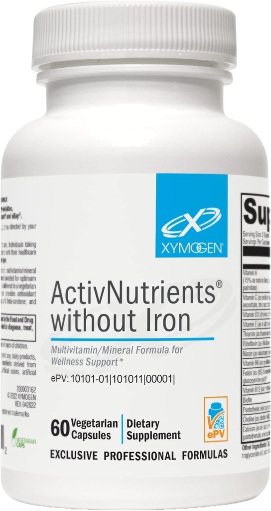 XYMOGEN ActivNutrients sans fer - Multivitamine Multiminéral pour le mieux-être, l'immuno, l'énergie et l'humeur - Minéraux chélatés + Vitamines actives B avec folate (60 capsules)