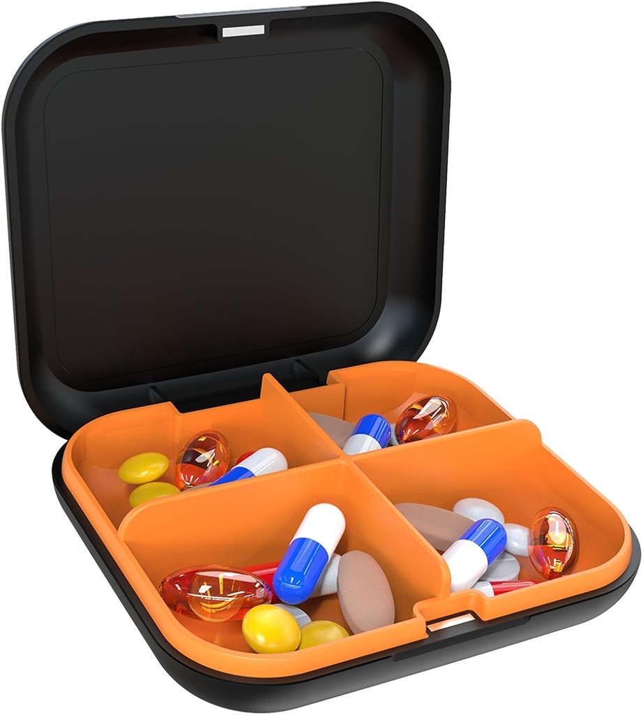 Pill Box Portable Pill Dispensing Box, Travel Portable Pill Box, 4-Compartment Daily Portable Pill Organizer, adapté aux vitamines, médicaments, huile de poisson (noir + orange)
