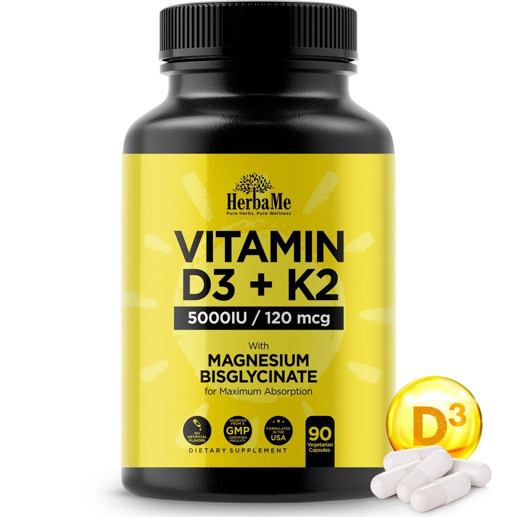 Vitamine D3 5000 UI + K2 avec du bisglycinate de magnésium pour une absorption maximale de 90 capsules