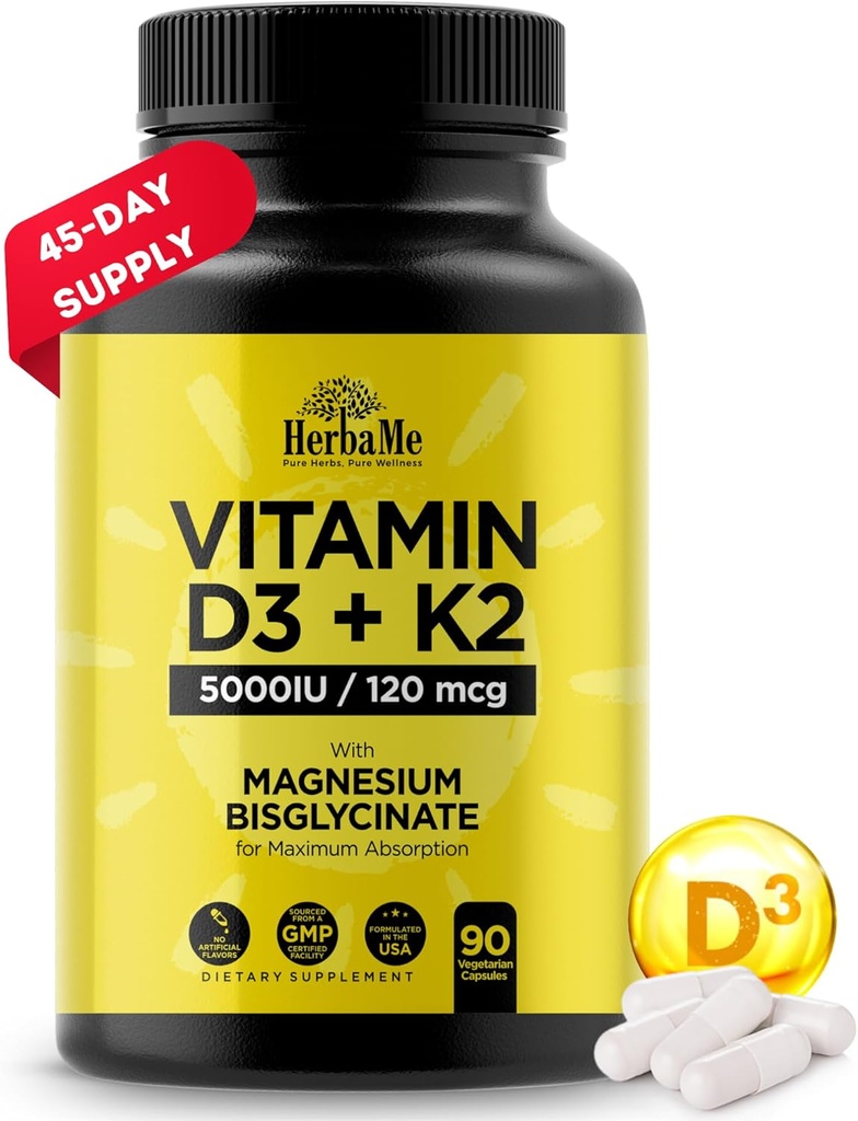 Vitamine D3 5000 UI + K2 avec du bisglycinate de magnésium pour une absorption maximale de 90 capsules