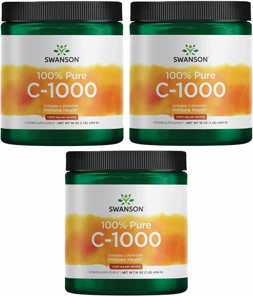 Poudre de vitamine C de Swanson Acide ascorbique pur à 100%, soutien du système immunitaire, santé de la peau, santé cardiovasculaire, supplément antioxydant 1000 mg (par portion) 1 lb. 454 g (3 pack)