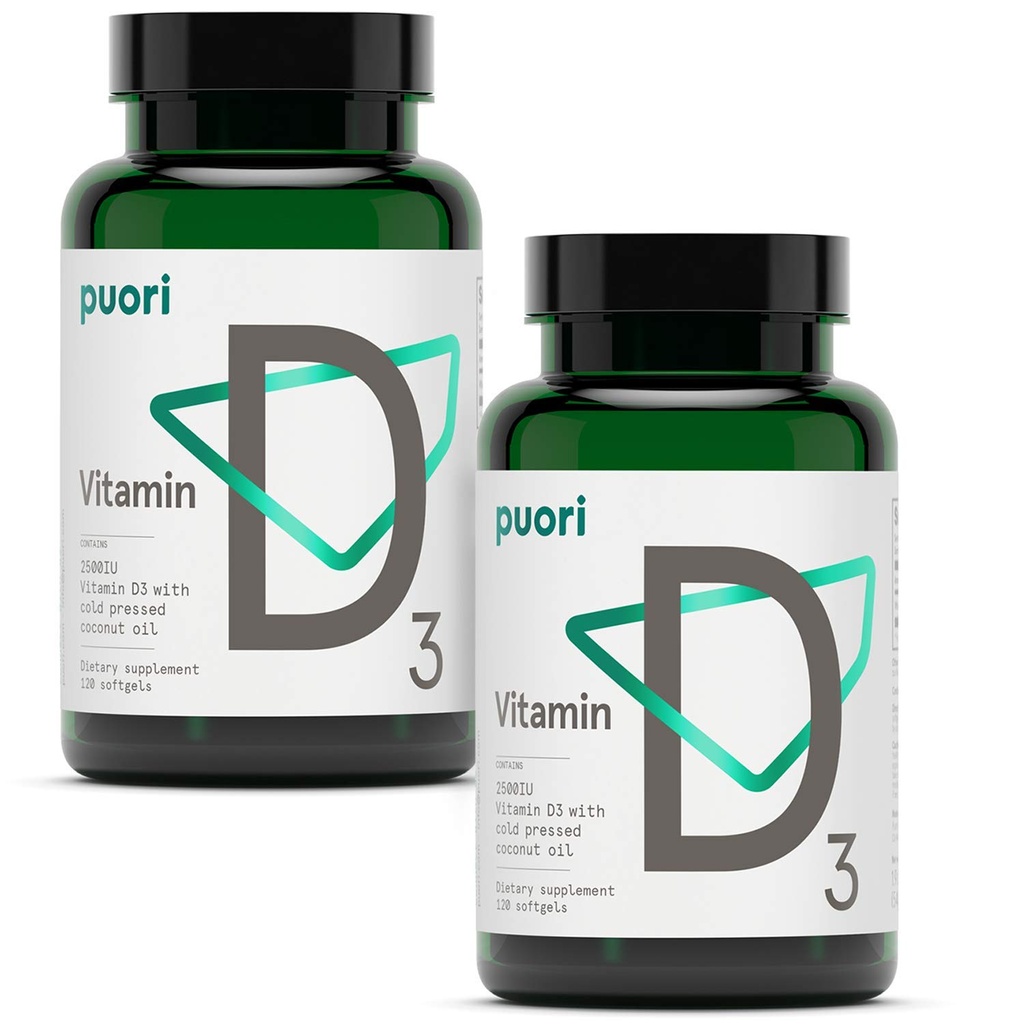 Puori Vitamine D3 Softgels, 2500 UI (62,5 mcg) - Absorber rapidement les suppléments de vitamine D3 pour le soutien du système immunitaire, la santé osseuse et la densité et les fonctions musculaires saines - Non-OGM et sans gluten - 240 Compte