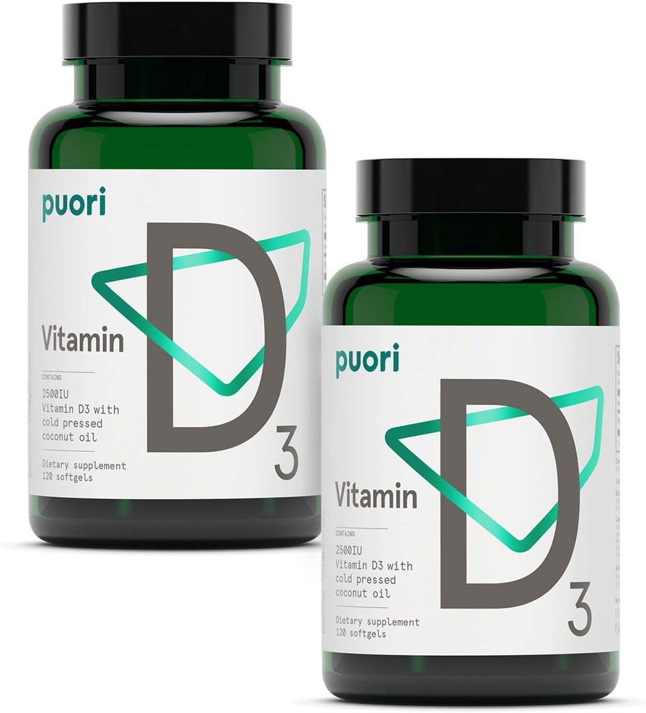 Puori Vitamine D3 Softgels, 2500 UI (62,5 mcg) - Absorber rapidement les suppléments de vitamine D3 pour le soutien du système immunitaire, la santé osseuse et la densité et les fonctions musculaires saines - Non-OGM et sans gluten - 240 Compte