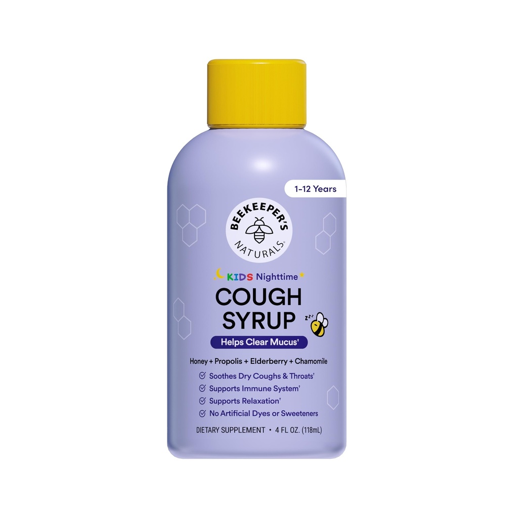 Beekeeper's Naturals Propolis Honey Cough Sirop Nighttime for Kids Immune Support avec Propolis, Elderberry & Raw Honey - Sleep Support avec Camomile & L-Theanine - Sans gluten, 4 oz.
