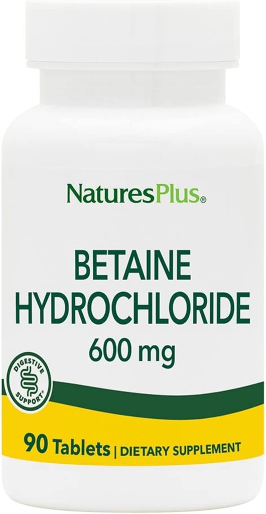 NaturesPlus Betaine HCl (Hydrochlorure) - 600 mg, 90 comprimés - Supplément de soutien digestif, soulage les symptômes des brûlures d'estomac occasionnelles et de l'indigestion - Hypoallergénique, sans gluten - 90 portions