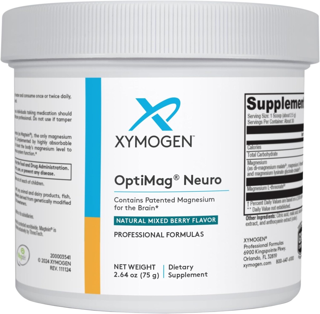XYMOGEN OptiMag Neuro - Poudre de magnésium chélatée - avec glycinate de magnésium et thréonate de L - Soutien Santé cérébrale et relaxation - Berry mixte (30 portions)
