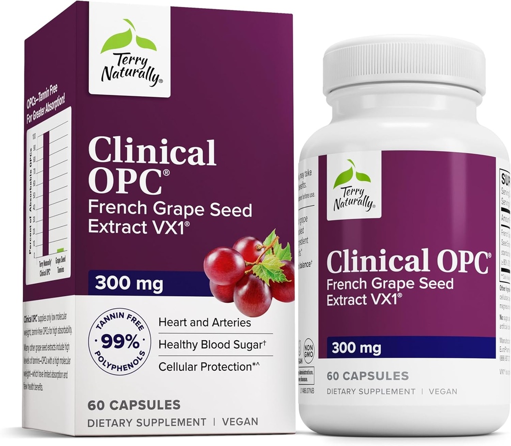 Terry naturellement Clinical OPC - Supplément de soutien cardiovasculaire et focus - Supplément alimentaire avec extrait de graines de raisin et lécithine de tournesol - Supplément de soutien immunitaire - 300 mg, 60 Softgels