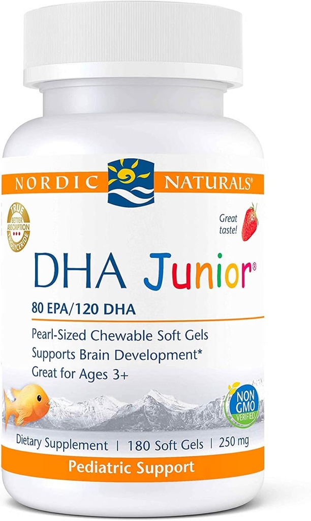 Nordic Naturals Pro DHA Junior, Fraise - 180 Mini Gels doux à croquer - 250 mg Oméga-3s totaux avec EPA et DHA - Développement cérébral et fonction visuelle - Non-OGM - 45 portions