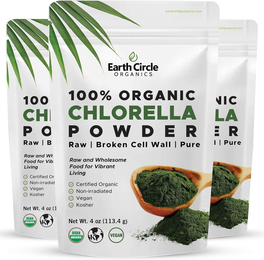 Earth Circle Organics Organic Chlorella Powder Superfood | Kosher | Broken Cell Wall Chlorophyll, Vegan, Super Green Algae, Clean Chlorella, High in Protein, Fiber & Amino Acids - 4oz (3 Pack)