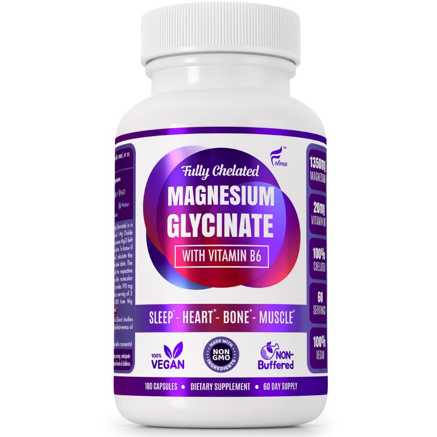 Magnésium Glycinate avec la vitamine B6 Recherche prouvée pour améliorer l'absorption, 1350mg Entièrement chélaté - Supports Sommeil, Stress Relief, Énergie, Crampes musculaires - Sans gluten, Non OGM, 180 Capsules Vegan