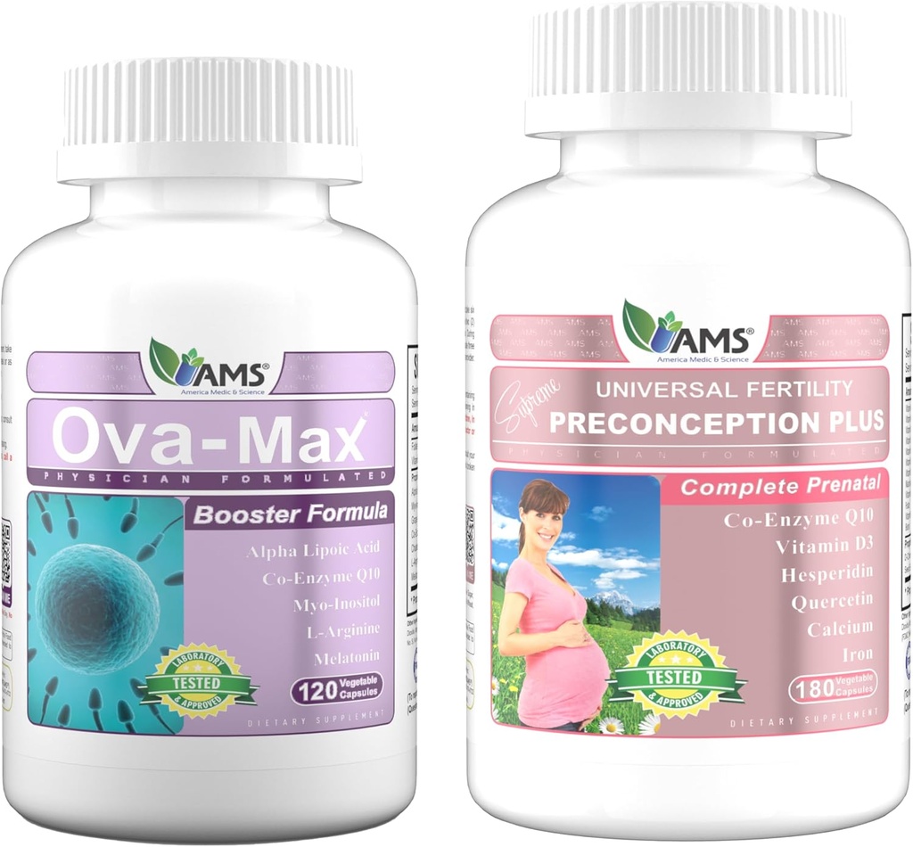 America Medic & Science Vitamines prénatales OVA-Max pour les femmes (120 capsules) et préconception Plus (180 capsules)