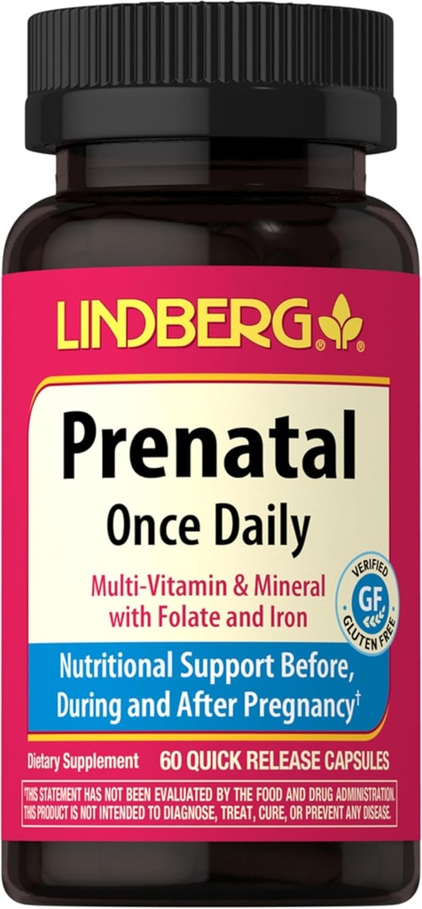 Lindberg Vitamines prénatales pour femmes 60 capsules Multivitamines et minéraux avec fer et acide folique.