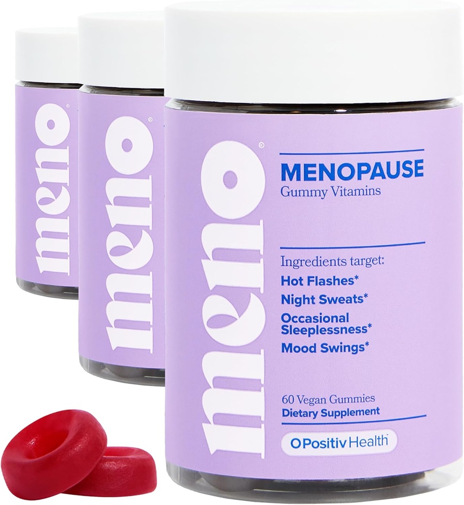 O Positiv MENO Gummies pour la ménopause, 30 portions (paquet de 3) - Suppléments sans hormones pour les femmes avec Cohosh noir et Ashwagandha KSM-66 - aide à atténuer les éclairs chauds, les sueurs nocturnes, et les ailes d'humeur